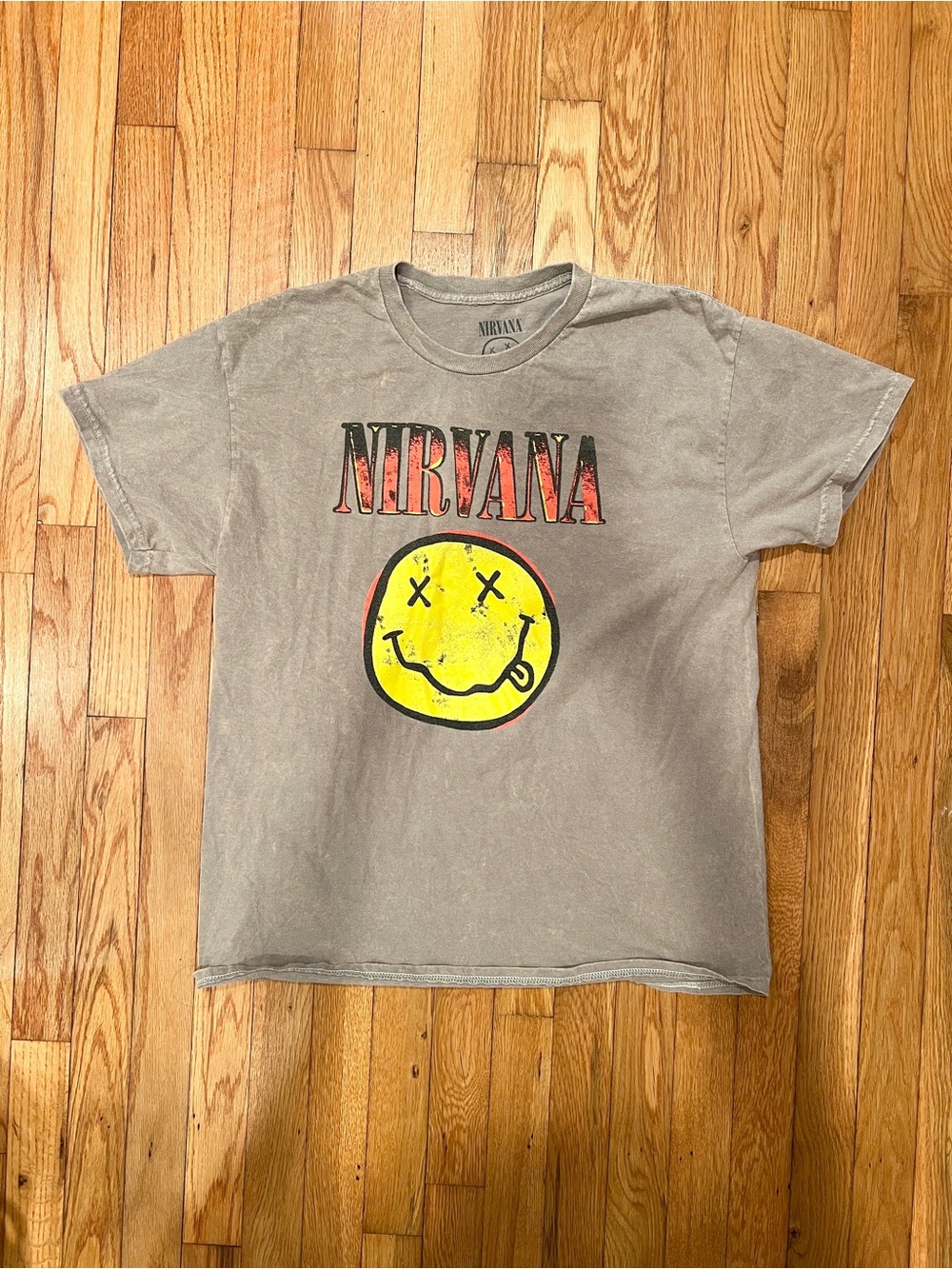 NIRVANA Gray Tee with Yellow Smile Graphic